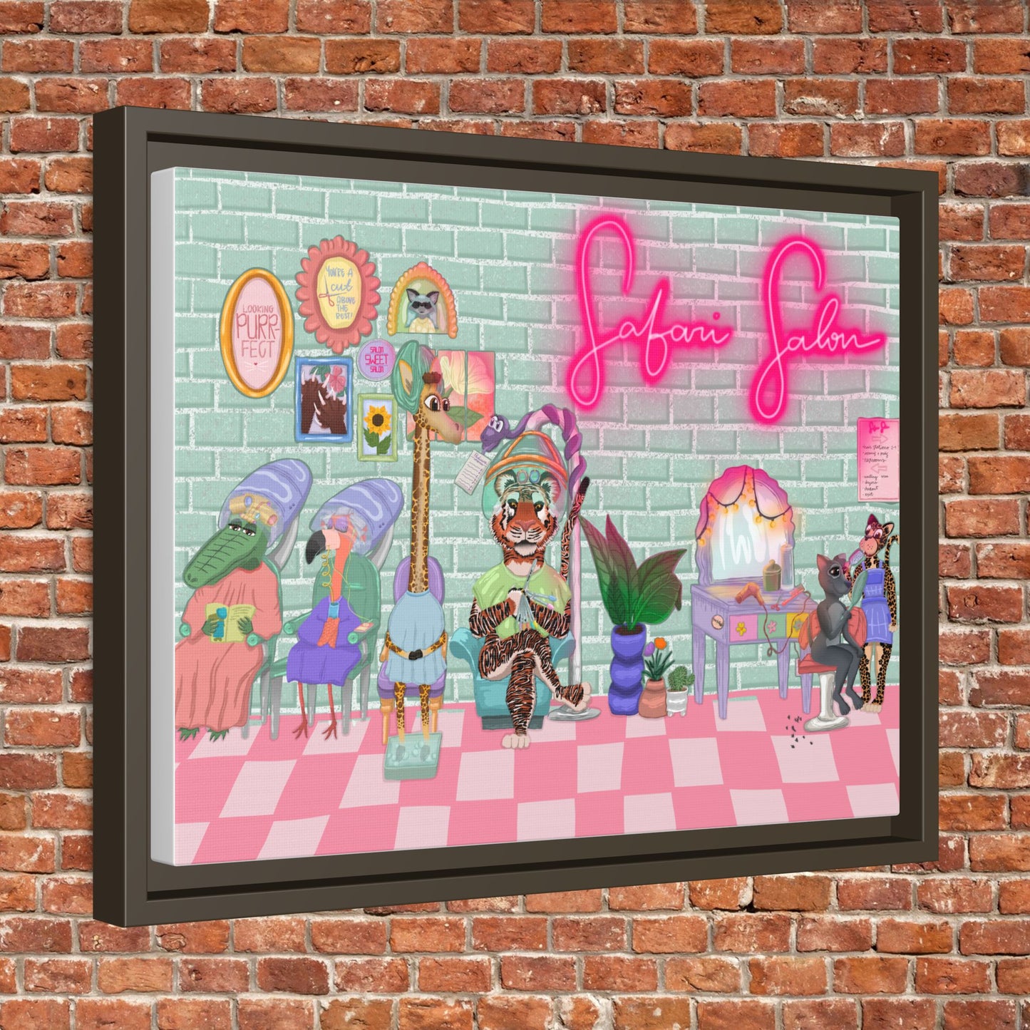 "Appointment at Safari Salon" - Framed Canvas Print