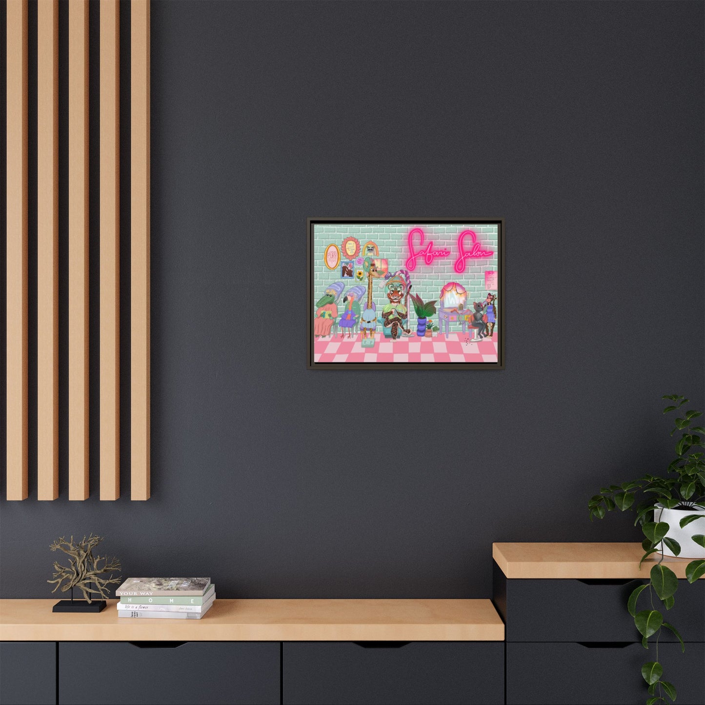 "Appointment at Safari Salon" - Framed Canvas Print